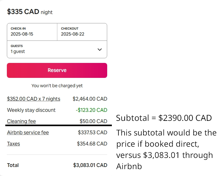 Examplel of direct booking cost versus Airbnb